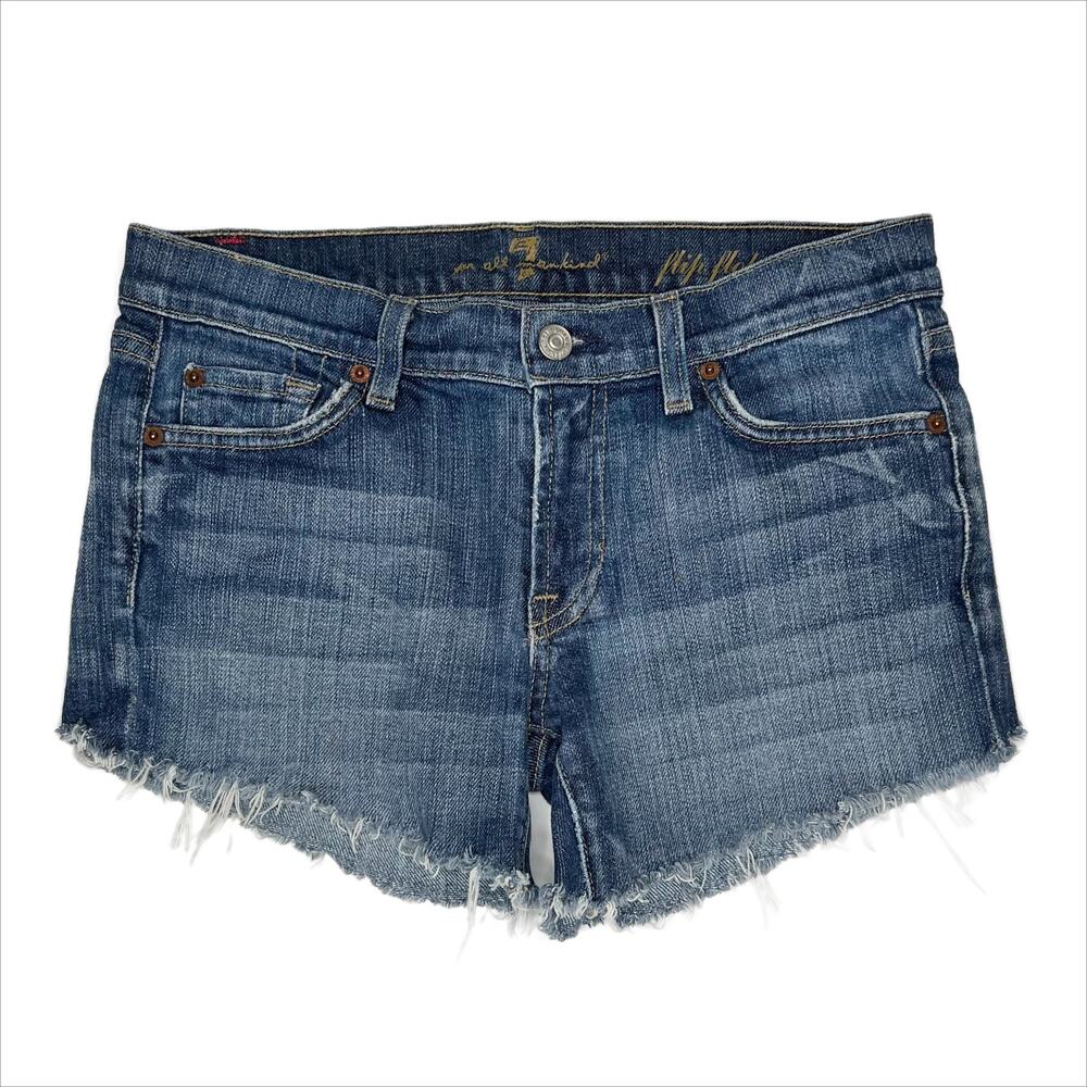 7 for All Mankind Flip Flop Denim Blue Jean Raw Hem 3.5" Cut-off Shorts 28